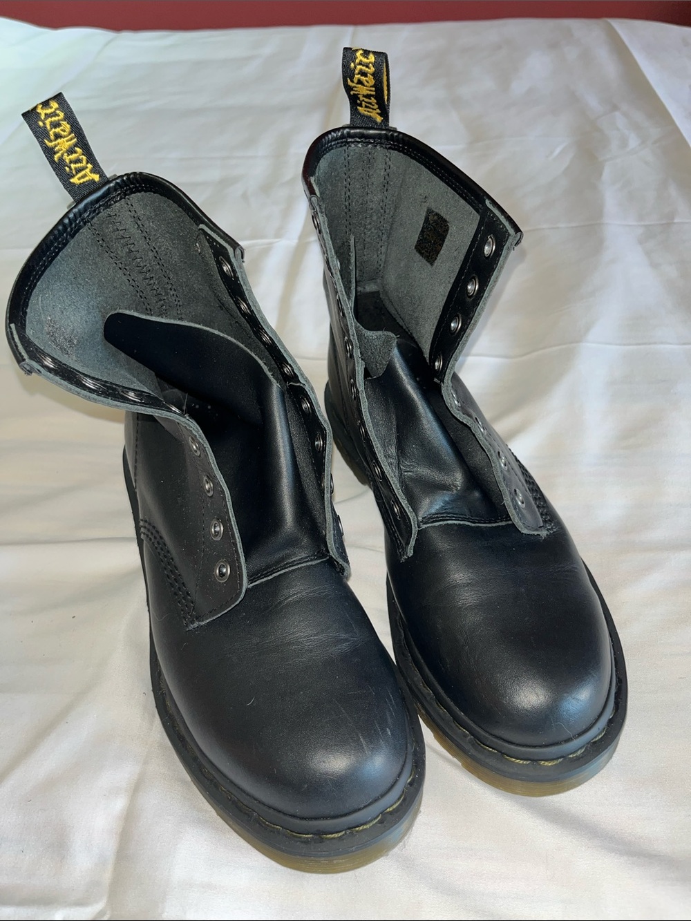 Dr. Martens Black Leather Lace-Up Boots‎ with Yellow Heel Loop 9